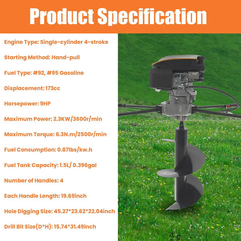 Gas Powered Post Hole Digger With 173cc Engine, 9HP Earth Auger, shown with specifications on grass background