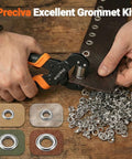 All In One Grommet Tool Kit With Four Jaw Sizes One Half Inch One Quarter Inch Five Sixteenths Inch Three Eighths Inch For Quick Change Eyelet Setting Includes 370 Grommets Handheld Pliers For Tarps Tents Canvas Vinyl Leather Craft Projects DIY Friendly with hands setting grommets on leather