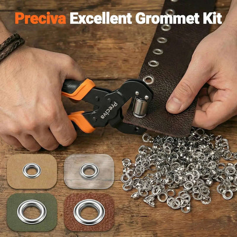 All In One Grommet Tool Kit With Four Jaw Sizes One Half Inch One Quarter Inch Five Sixteenths Inch Three Eighths Inch For Quick Change Eyelet Setting Includes 370 Grommets Handheld Pliers For Tarps Tents Canvas Vinyl Leather Craft Projects DIY Friendly with hands setting grommets on leather