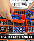 Top Notch 226Pcs Push Connect Air Fittings Kit With Nickel Plated Brass NPT And Metric Cross Adapters For Universal Pneumatic Tool Hookup In The Garage Or Shop, storage case open