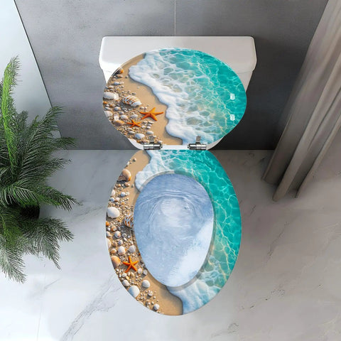 Elongated Resin Toilet Seat with Cover featuring beach design with shells and starfish, suitable for most toilet sizes.