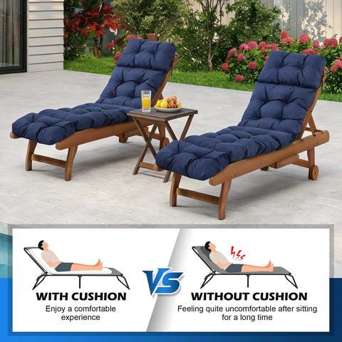 Outdoor Chaise Lounge Cushions Waterproof And Fade Resistant With Ties For Patio, Poolside, Lawn And Beach, 75.1x22.8x4.7 Inch Navy Blue installed on wooden lounge chairs