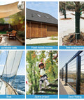 Collage showing sunshade sails, mobile homes, tree straightening, sailing, zipline, and deck railing using Heavy Duty 1/4-Inch Wire Rope Kit