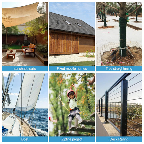 Collage showing sunshade sails, mobile homes, tree straightening, sailing, zipline, and deck railing using Heavy Duty 1/4-Inch Wire Rope Kit