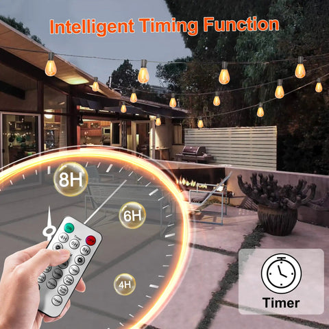 Person using remote control for 60 Ft Solar String Lights With Remote Control Waterproof Copper Wire Led Bulbs 15 Plus 2 outdoors.