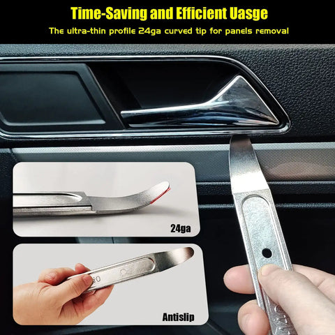 4140 Stainless Steel Pry Tool Set demonstrating trim removal with ultra-thin anti-slip pocket mini pry bar