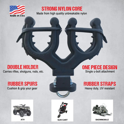 Dual ATV Gun And Bow Rack With Cushioned Rubber Grips Mounts On Standard Five Eighths To One Inch Bars Holds Two Guns Or Bows