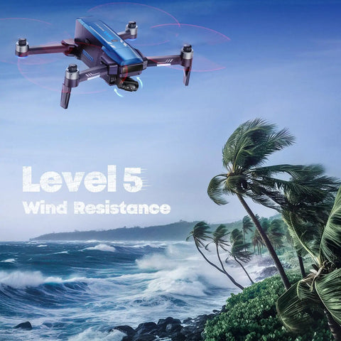V11PRO RC2 Drone With 8K Camera and 3 Axis Gimbal Remote flying over ocean with Level 5 wind resistance text