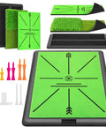 Indoor Outdoor Dual Turf Golf Hitting Mat With Swing Path Feedback Pro Grade Includes Tees Replacement Practice Mat Rubber Base And Multi Size Tee Holders For Driving And Chipping Training 16.54 By 12.6 Inches, shown with accessories.