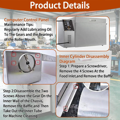 No Fuss Top Shelf Electric Coffee Bean Roaster Machine Featuring Hella Smooth Drum Rotating Action For Nuts And Beans Even Heat Distribution showing maintenance tips and disassembly diagram.