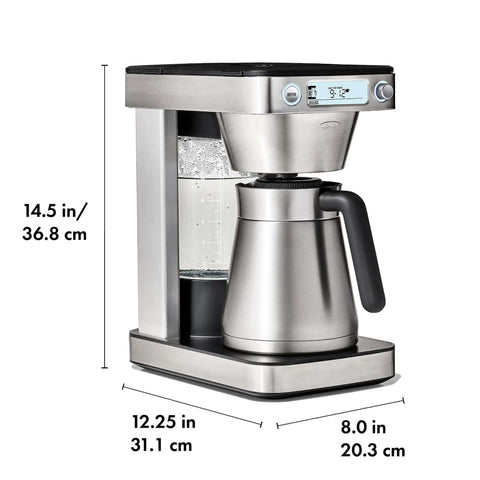 Side view of 12 Cup Coffee Maker With Podless Single Serve Function In Silver Heats Water To 194 To 205 F For Fast Flavorful Brews