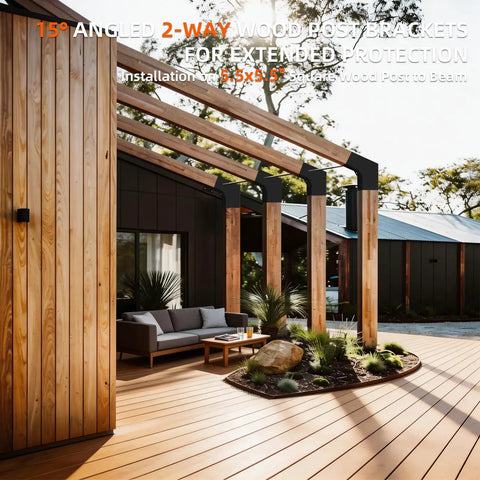 15 Degree Slant Pergola Bracket Kit For 4 By 4 Posts installed on wooden outdoor porch with L shaped roof brackets