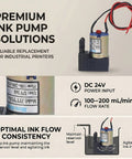 Compact DC 24V 3W Ink Pump for Printers and Inkjets, plastic with power input details, ideal for printer replacements