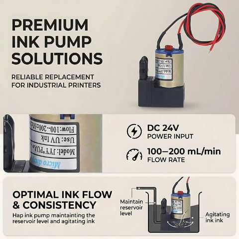 Compact DC 24V 3W Ink Pump for Printers and Inkjets, plastic with power input details, ideal for printer replacements