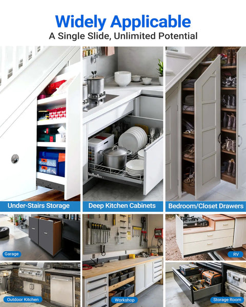 Image showcasing bottom mount drawer slides go to heavy duty full extension rails 265 lbs capacity for various storage solutions.