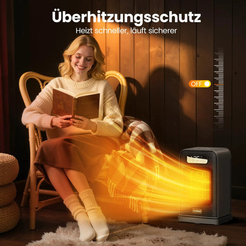 Woman reading with 2 In 1 Indoor Space Heater With Remote, 1500W Desk Heater For Office in living room, showing heating effect