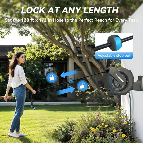 Woman using Retractable Garden Hose Reel 120 Ft 1/2 Inch Wall Mount Heavy Duty Auto Rewind with adjustable stop ball in garden