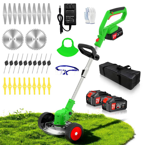 Cordless 21V Weed Wacker With 3-In-1 Trimmer Edger Brush Cutter, tools, blades, batteries, and accessories on a lawn