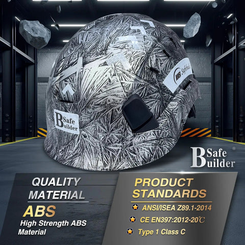 Side view of a Construction Safety Helmet ABS Hard Hat With Adjustable Ventilation System For Industrial Worksites All Day Comfort Head Protection With 6 Point Suspension And Y Type Chin Strap For Men ANSI ISEA Z89.1 Certified.