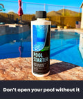 Pool Opening Starter Kit With Enzyme For Above Ground And Inground Pools, 32oz bottle on poolside against clear water