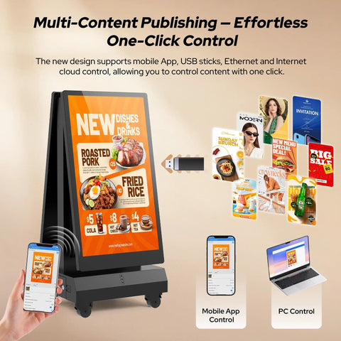 Street Smart 43 Inch Outdoor Double Sided Digital Signage Slaps Bold Ads Both Ways With Weatherproof Battery And Killer 2000 Nits Clarity For Sidewalks Or Storefronts Running Zero Friction Android 13 Cloud Sync, featuring menu display and mobile controls.