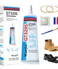 Heavy Duty Waterproof Shoe Glue For Sole Repair 60g Clear Adhesive For Sneakers Boots Leather Heels Sandals All Footwear With A Solid Bond To Fix Delaminated Soles Cracked Seams And Detached Heels shown with box and accessories.