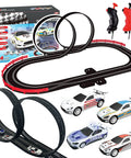 4 Unique Slot Cars Race Track Set For Kids Ages 4 To 12, Battery Powered Or Electric Car Track With S Curves And Overpass, box and track layout visible