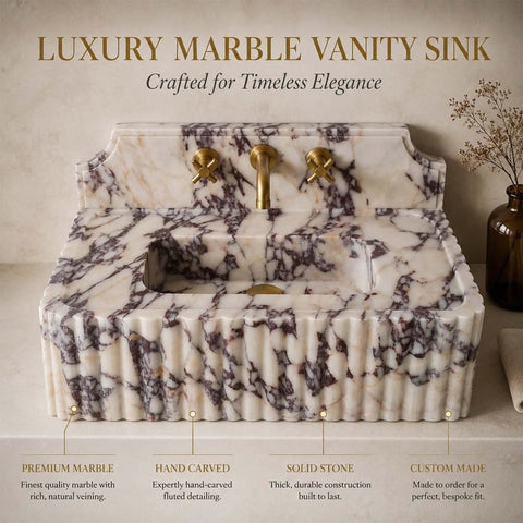 Calacatta Viola Marble Sink with Sculpted Backsplash, Fluted Vanity Washbasin, Hand-Carved Natural Stone Bathroom Basin, Custom Luxury Powder Room Sink, detailed view of fluted design and faucet.