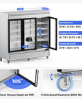 Workhorse Commercial Upright Freezer 72 Cubic Feet Stainless Steel Reach In Display Cabinet dimensions with glass doors, adjustable shelves, and casters.
