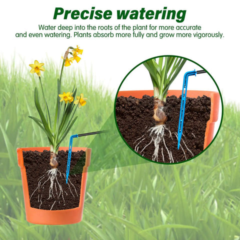 Illustration of Solar Powered Automatic Plant Watering System 10W Kit for precise garden drip irrigation in a potted plant.