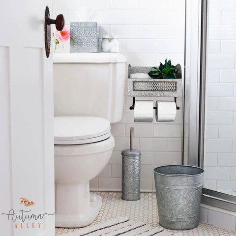 Galvanized Toilet Paper Holder With Shelf For Farmhouse Bathroom Decor Durable Wall Mount Double Roll Tissue Holder With Rustic Vintage Country Style