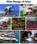 4/0 Gauge Welding Battery Cable Kit With 5 Ft Black And 5 Ft Red Copper Wire, 5/16 Inch And 3/8 Inch Copper Lugs, Heat Shrink Tubing, Heavy Duty Power Cable For Car, Solar, Marine, And RV Inverters. Uses shown for solar, generators, truck, battery, boat, and welding.