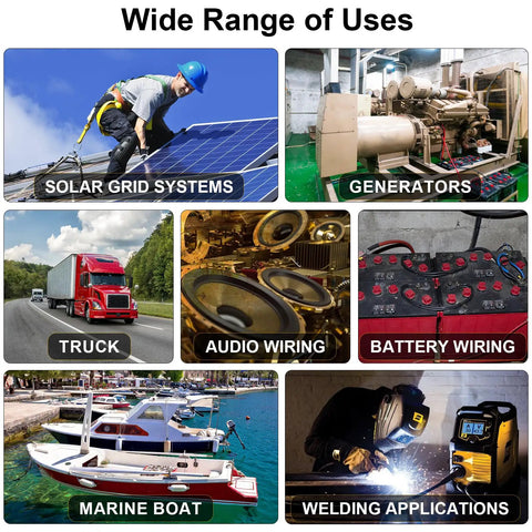 4/0 Gauge Welding Battery Cable Kit With 5 Ft Black And 5 Ft Red Copper Wire, 5/16 Inch And 3/8 Inch Copper Lugs, Heat Shrink Tubing, Heavy Duty Power Cable For Car, Solar, Marine, And RV Inverters. Uses shown for solar, generators, truck, battery, boat, and welding.