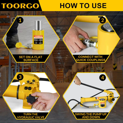 TOORGO 10-ton hydraulic cylinder with 2-inch stroke, yellow porta-power kit with pump and hoses
