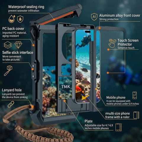 5th Generation Diving Phone Case For iPhone 17 16 15 14 Pro Max And Galaxy S25 S24 S23 Ultra Waterproof Underwater Housing With 6.9 Inch Universal Fit Top Pick For Scuba Snorkeling Gray showing open case design and features