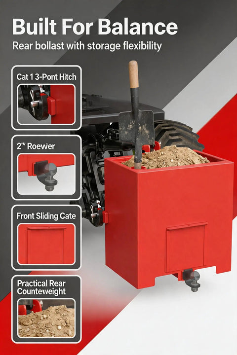 Beefy 800 Lb Tractor Ballast Box For Front Load Stability with Cat 1 3 Point Hitch, storage, 2 inch receiver, sliding gate, filled with sand