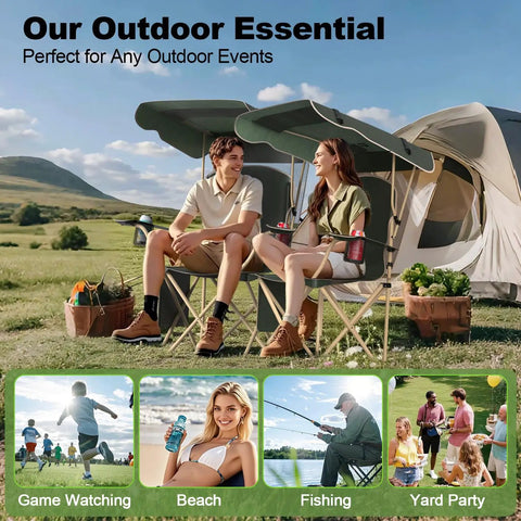 Two people sitting in Canopy Camping Chair Foldable With Sun Shade For Beach And Outdoors 2 Pack, by a tent on grassy field