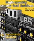 Power Tool Organizer Wall Mount With Charging Station And Heavy-Duty Surge Protection, 10-Tier Tool Rack Holds 400 Lbs, Includes 4 Cordless Tool Stations And 6Ft Power Strip For Garage Workshop. "High-quality sturdy tool holders" text with dumbbells and kettlebells on a black rack.