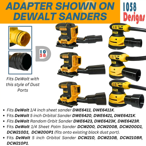 Universal Sander Vacuum Adapter 1-1/4 Inch Hose for Dust Collection, Fits Various Sanders and Power Tools shown with DeWalt sanders.