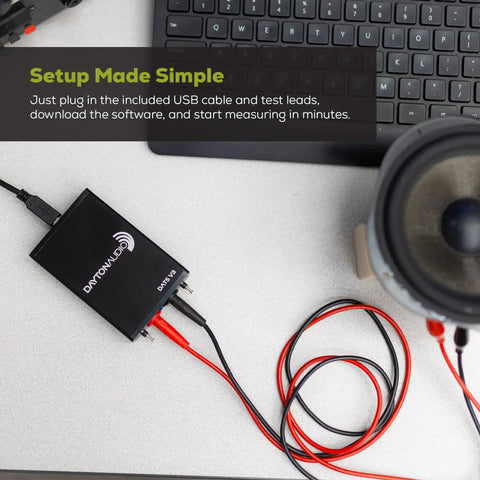DATS V3 Computer Based Speaker And Audio Component Test System With USB Interface connected, keyboard and speaker visible