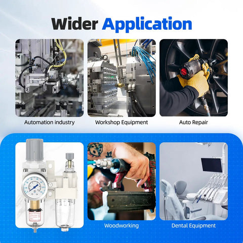 1/4 Inch NPT Air Pressure Regulator Lubricator Combo With Water Separator For Air Compressors shown in industrial applications