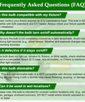 FAQ on E12 Outdoor Dusk To Dawn Light Bulbs, compatibility, dimmability, and outdoor use guidelines.