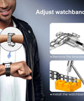 Man demonstrating Watch Repair Tool Kit For Battery Replacement, Strap Adjustment, Link Pin Remover, and hardware details