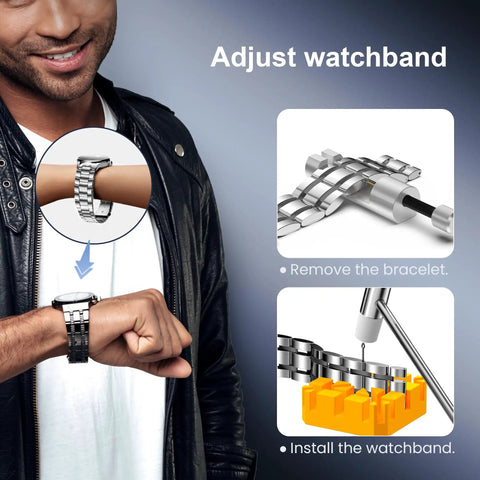 Man demonstrating Watch Repair Tool Kit For Battery Replacement, Strap Adjustment, Link Pin Remover, and hardware details