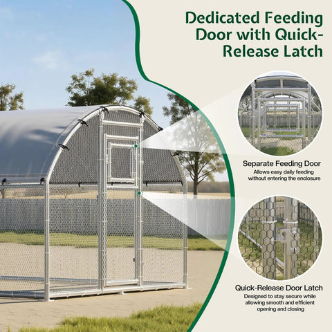 26 By 10 Ft Extra Large Walk In Chicken Coop With Dome Roof Front And Rear Doors Feeding Door Roosting Ladder Outdoor Poultry Cage With Galvanized Steel Frame Easy Standing Room For 16 To 25 Hens Easy Clean Backyard Ready Coop showing a dedicated feeding door and quick-release latch.