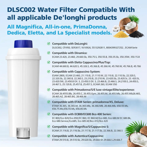 DLSC002 Water Filter Replacement For Espresso Machines Compatible With Eletta Series Eletta Explore Dinamica Magnifica Evo Magnifica S Magnifica Start Cappuccino System Ecam Esam Etam For Fresher Brews And Cleaner Tastes. white plastic water filter cartridge with blue cap