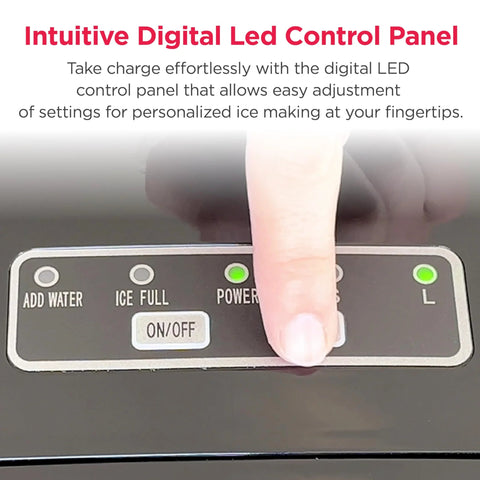 Front view of portable stainless ice maker control panel with Add Water, Ice Full, Power indicators; finger pressing On/Off.