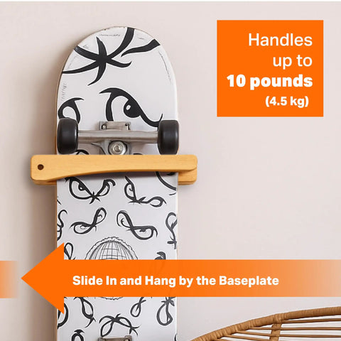 Premium Wooden Vertical Skateboard Wall Mount Rack And Heavy Duty Storage Hanger For Standard Decks displaying skateboard with hanger.