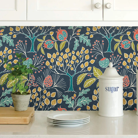 Groovy Garden Navy Peel And Stick Wallpaper For Walls Removable And Repositionable No Residue Easy To Install Vintage Woodland Pattern 20.5 Inch By 18 Feet Ideal For Rentals And DIY Decor