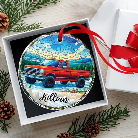 Custom Name Pickup Truck Stained Glass Ornament For Christmas Tree Red Vintage Farm Vehicle Keepsake Personalized Xmas Decor For Farmhouse Homes And Road Trip Fans on display with red ribbon and pine cones in a box